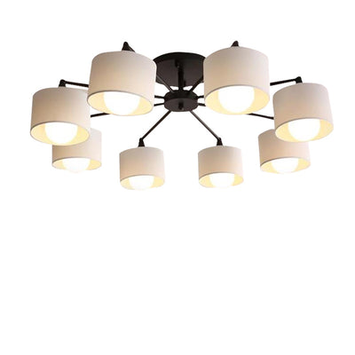 Contemporary Scandinavian Iron Fabric Cylinder Shade 8-Light Semi-Flush Mount Ceiling Light For Living Room