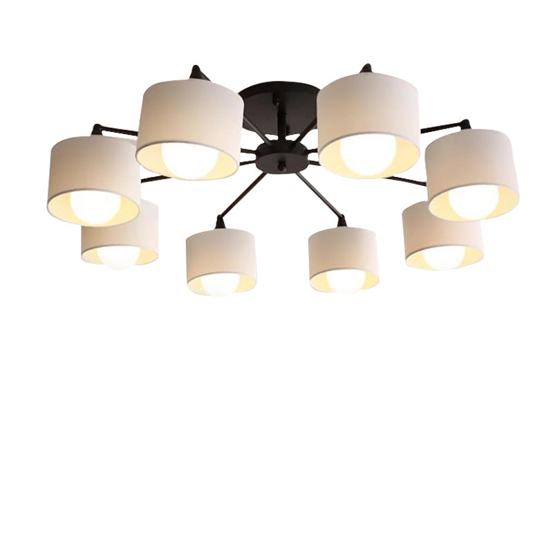 Contemporary Scandinavian Iron Fabric Cylinder Shade 8-Light Semi-Flush Mount Ceiling Light For Living Room