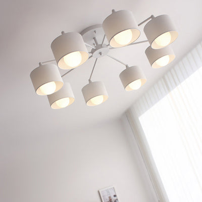 Contemporary Scandinavian Iron Fabric Cylinder Shade 8-Light Semi-Flush Mount Ceiling Light For Living Room