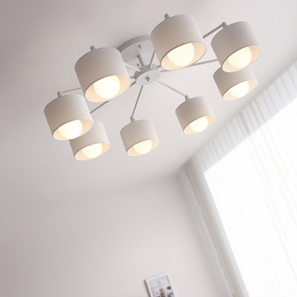 Contemporary Scandinavian Iron Fabric Cylinder Shade 8-Light Semi-Flush Mount Ceiling Light For Living Room