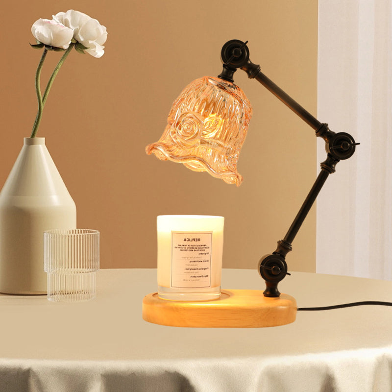 Lampe de table à cire fondante 1 lumière avec bras en fer réglable rustique traditionnel et abat-jour en verre fleur pour chambre à coucher 