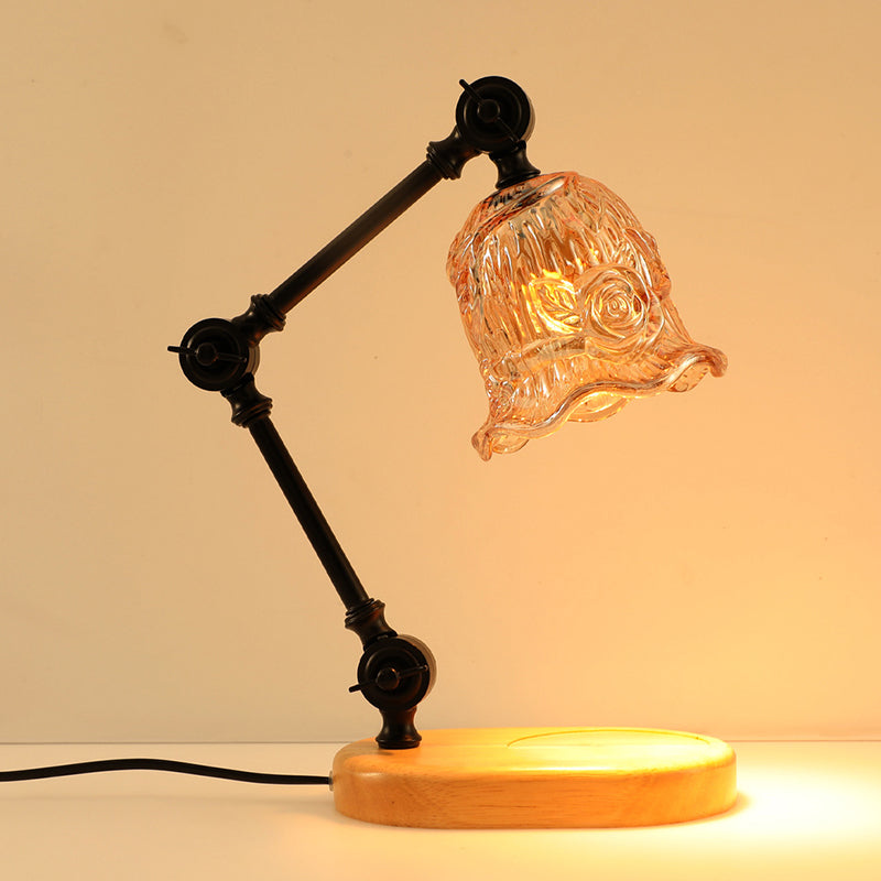 Lampe de table à cire fondante 1 lumière avec bras en fer réglable rustique traditionnel et abat-jour en verre fleur pour chambre à coucher 