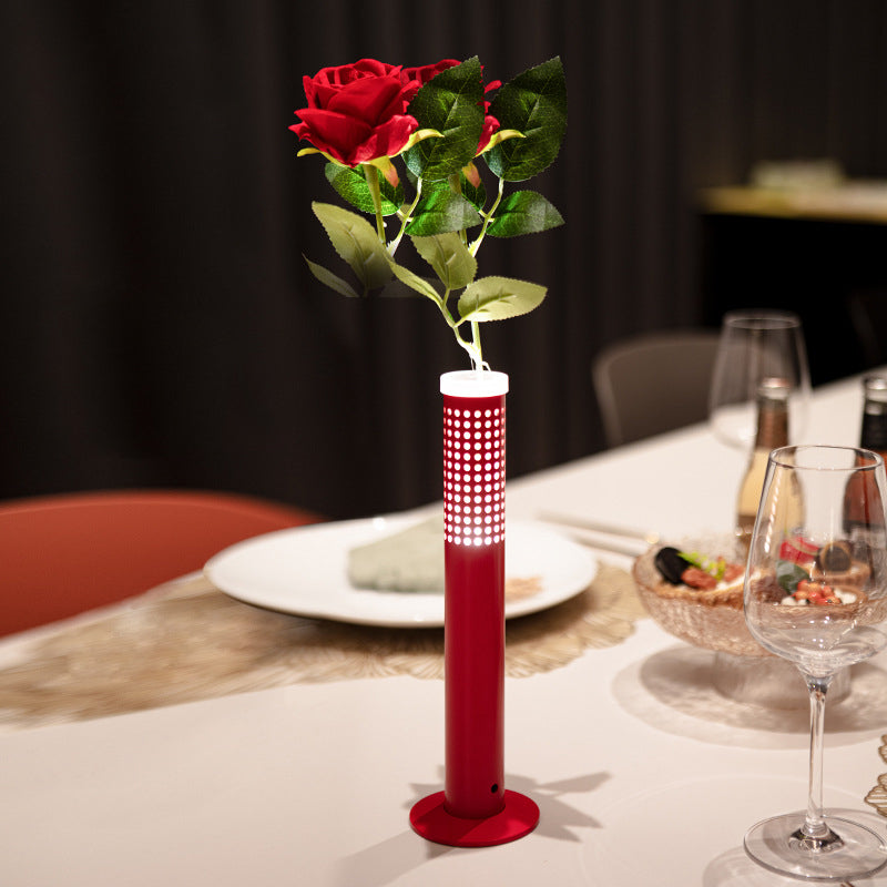 Lampe de table LED rechargeable par USB en colonne plastique minimaliste moderne avec insertion de fleurs pour chambre 