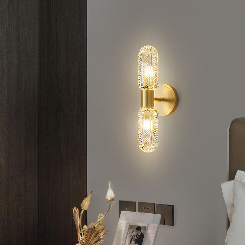 Modern Luxury Full Copper Glass Column 2-Light Wall Sconce Lamp For Living Room