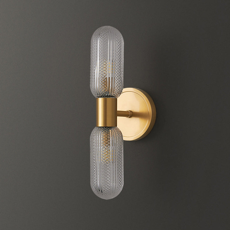 Modern Luxury Full Copper Glass Column 2-Light Wall Sconce Lamp For Living Room