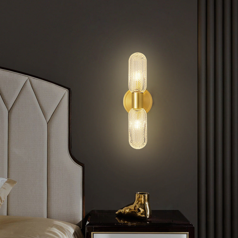 Modern Luxury Full Copper Glass Column 2-Light Wall Sconce Lamp For Living Room