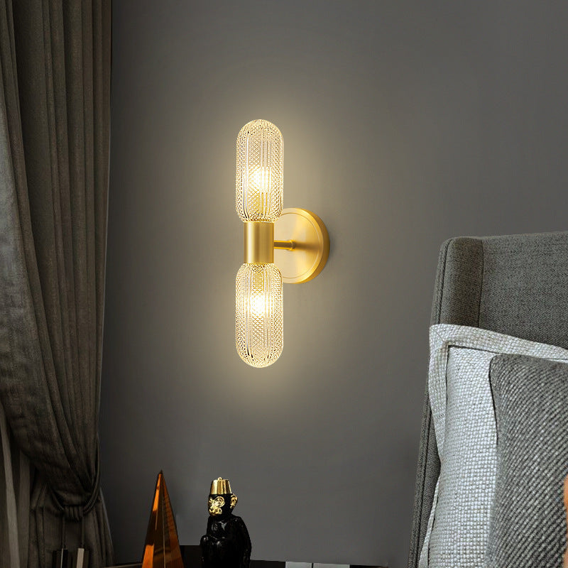 Modern Luxury Full Copper Glass Column 2-Light Wall Sconce Lamp For Living Room