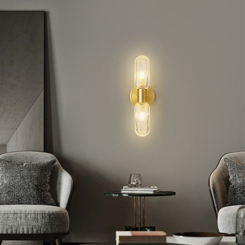 Modern Luxury Full Copper Glass Column 2-Light Wall Sconce Lamp For Living Room