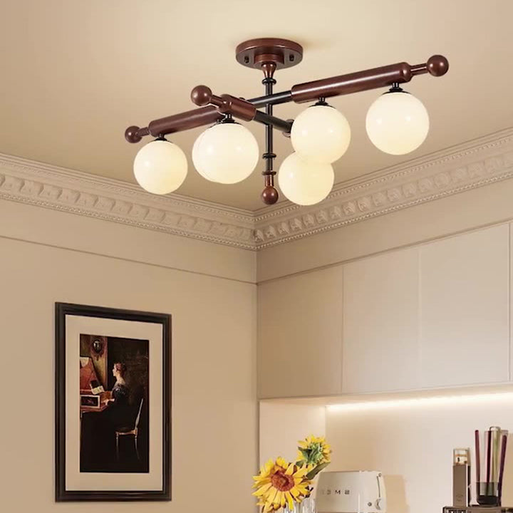 Traditional French Solid Wood Frame Glass Round Shade 4/6-Light Semi-Flush Mount Ceiling Light For Living Room
