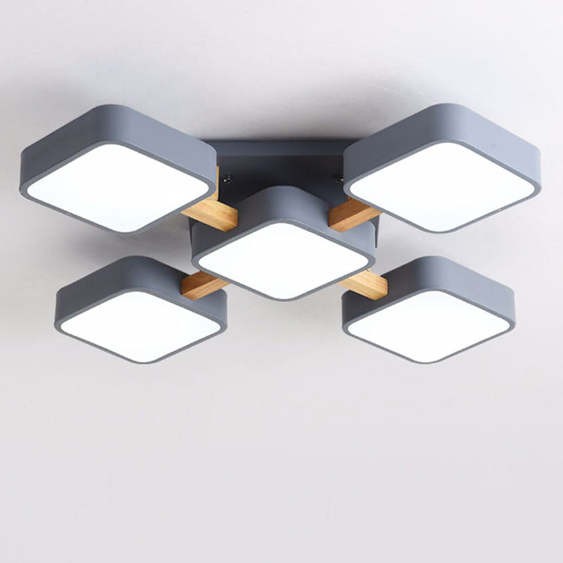 Contemporary Scandinavian Macaron Solid Wood Square Acrylic Shade LED Semi-Flush Mount Ceiling Light For Living Room