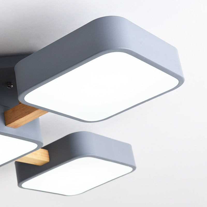 Contemporary Scandinavian Macaron Solid Wood Square Acrylic Shade LED Semi-Flush Mount Ceiling Light For Living Room