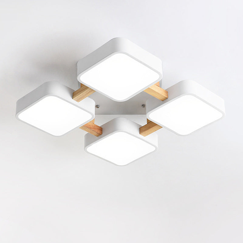 Contemporary Scandinavian Macaron Solid Wood Square Acrylic Shade LED Semi-Flush Mount Ceiling Light For Living Room