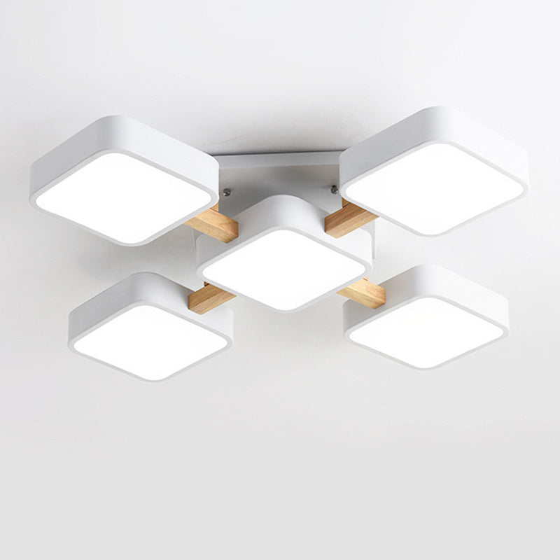 Contemporary Scandinavian Macaron Solid Wood Square Acrylic Shade LED Semi-Flush Mount Ceiling Light For Living Room