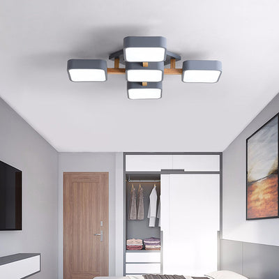 Contemporary Scandinavian Macaron Solid Wood Square Acrylic Shade LED Semi-Flush Mount Ceiling Light For Living Room