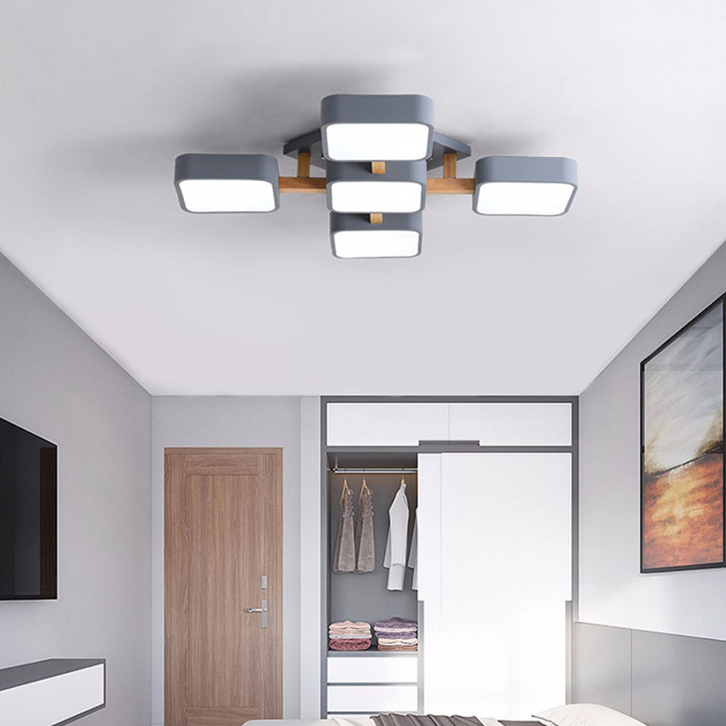 Contemporary Scandinavian Macaron Solid Wood Square Acrylic Shade LED Semi-Flush Mount Ceiling Light For Living Room