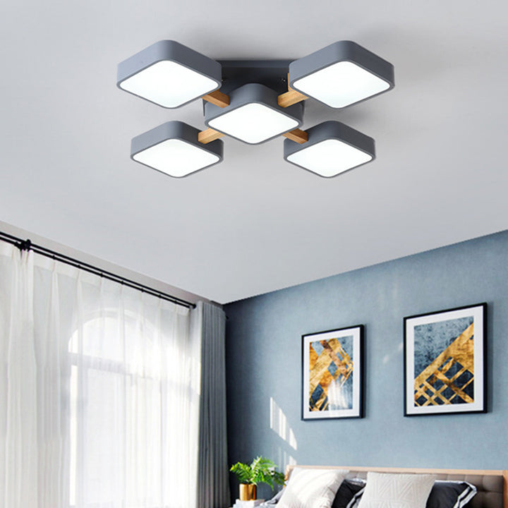 Plafonnier LED semi-encastré contemporain scandinave en bois massif avec abat-jour carré en acrylique pour salon 