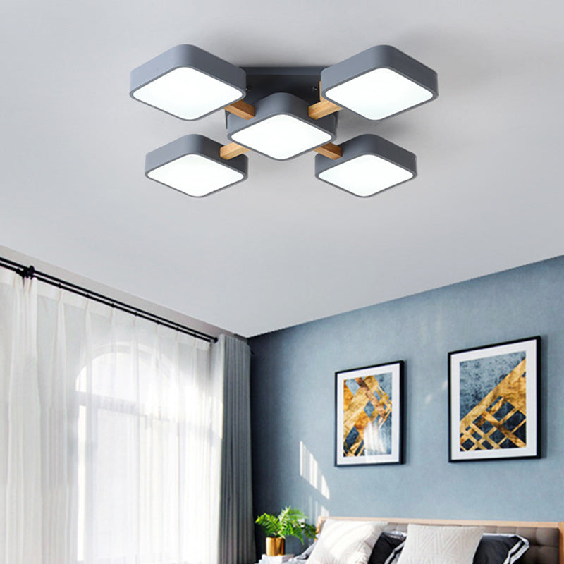 Contemporary Scandinavian Macaron Solid Wood Square Acrylic Shade LED Semi-Flush Mount Ceiling Light For Living Room