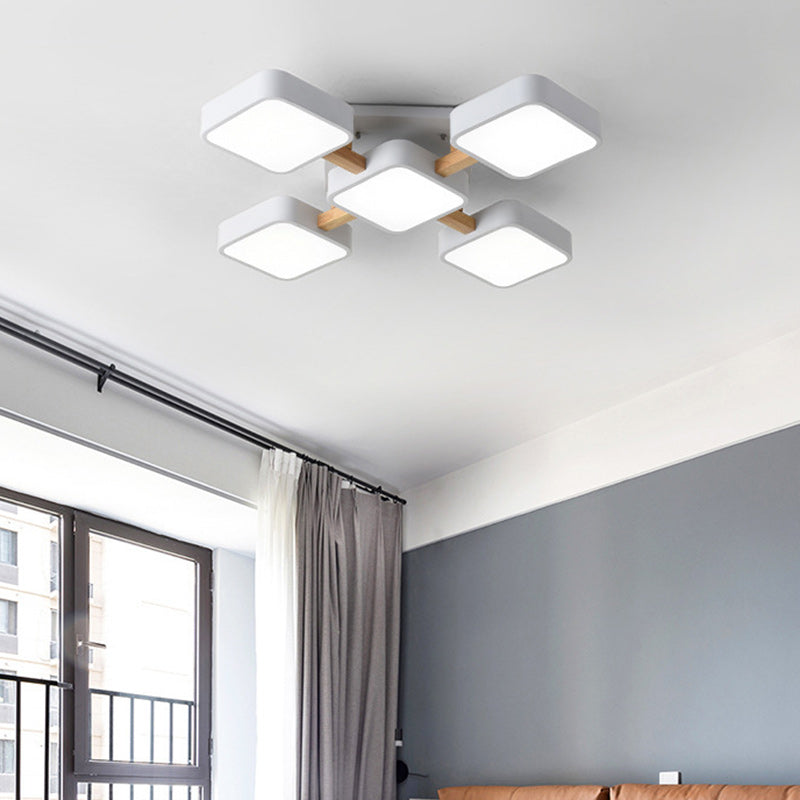 Contemporary Scandinavian Macaron Solid Wood Square Acrylic Shade LED Semi-Flush Mount Ceiling Light For Living Room