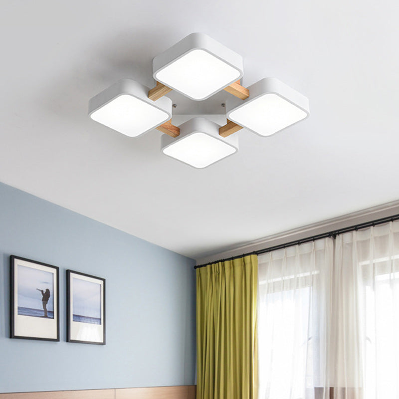 Contemporary Scandinavian Macaron Solid Wood Square Acrylic Shade LED Semi-Flush Mount Ceiling Light For Living Room
