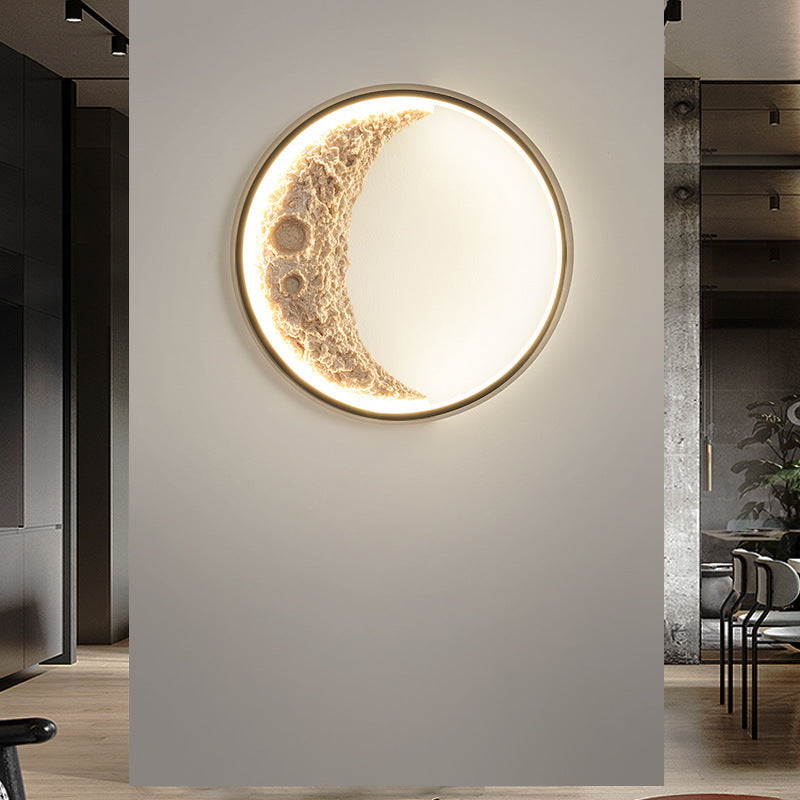 Contemporary Creative Moon Hardware Resin Round LED Wall Sconce Lamp For Hallway
