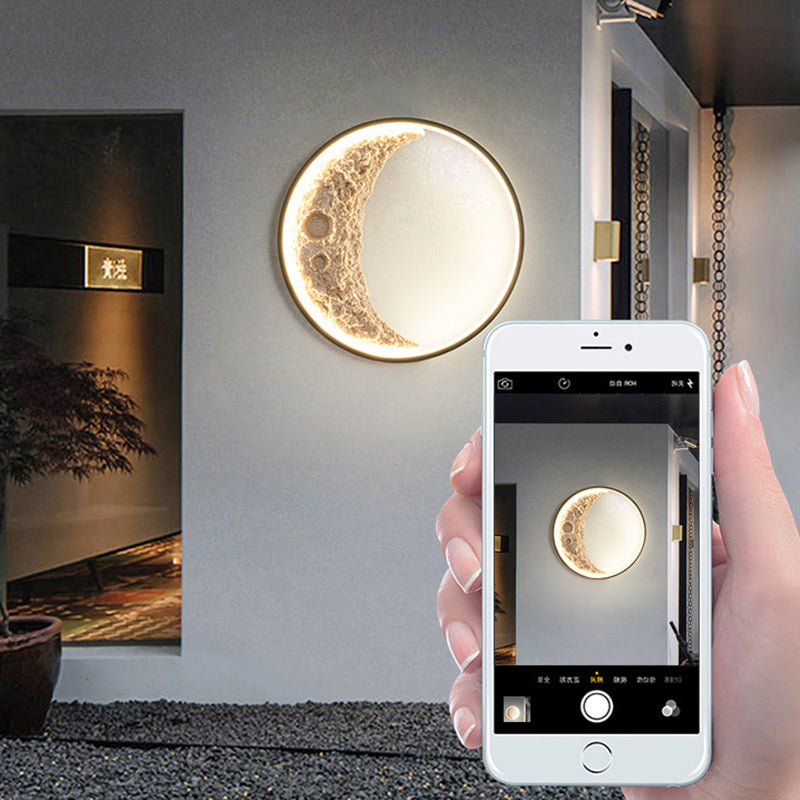 Contemporary Creative Moon Hardware Resin Round LED Wall Sconce Lamp For Hallway