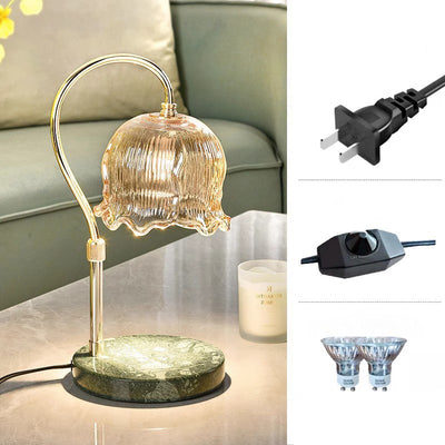 Lámpara de mesa de cera derretida de 1 luz con base de mármol y pantalla de flor de vidrio de hierro de simplicidad moderna para dormitorio 