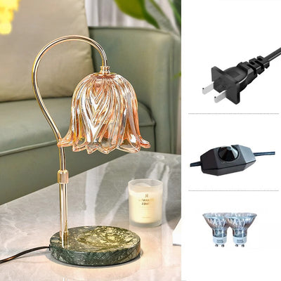 Lámpara de mesa de cera derretida de 1 luz con base de mármol y pantalla de flor de vidrio de hierro de simplicidad moderna para dormitorio 