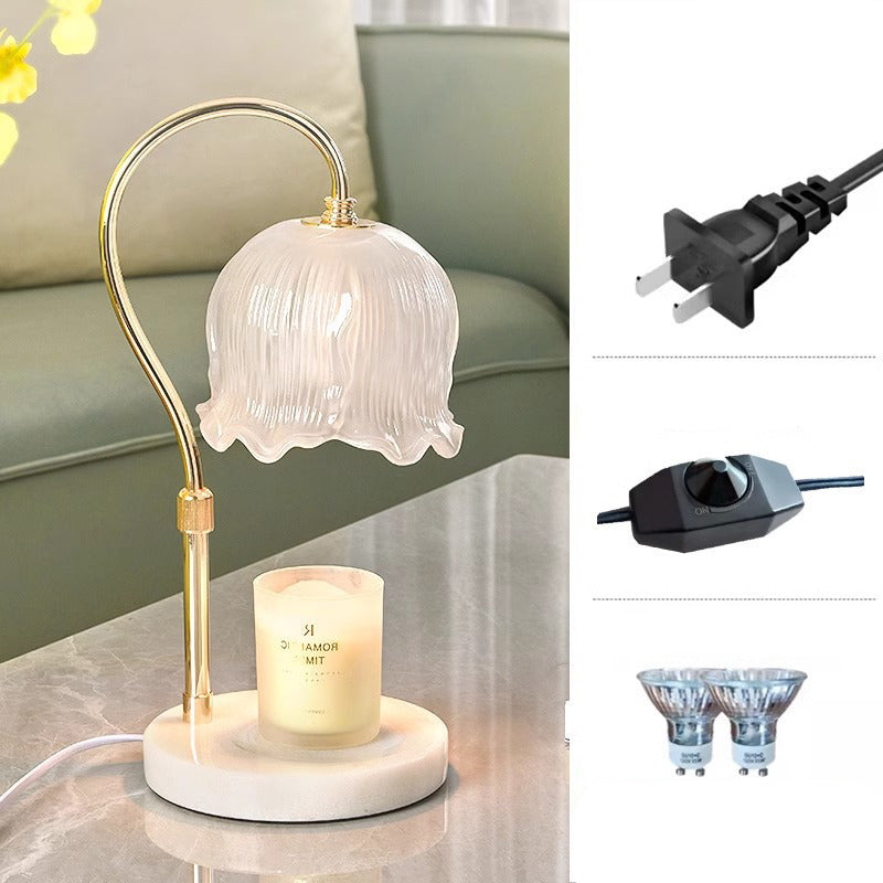 Lámpara de mesa de cera derretida de 1 luz con base de mármol y pantalla de flor de vidrio de hierro de simplicidad moderna para dormitorio 