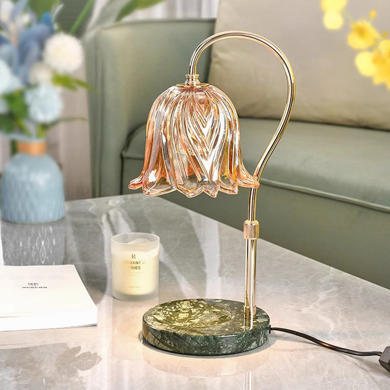 Lámpara de mesa de cera derretida de 1 luz con base de mármol y pantalla de flor de vidrio de hierro de simplicidad moderna para dormitorio 