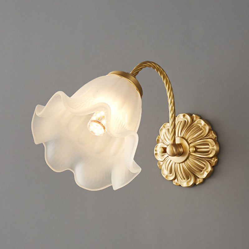 Traditional French Full Copper Flower Glass Shade 1-Light Wall Sconce Lamp For Bedroom