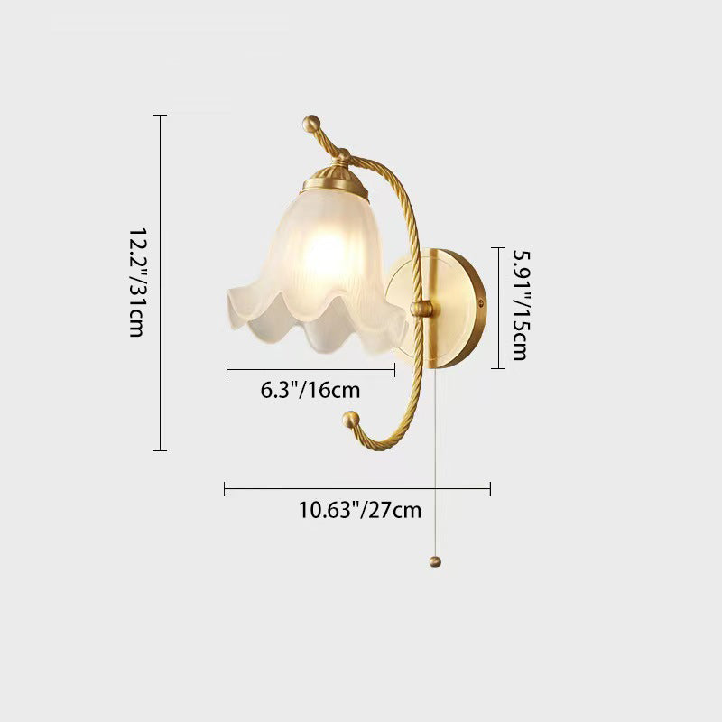 Traditional French Full Copper Flower Glass Shade 1-Light Wall Sconce Lamp For Bedroom