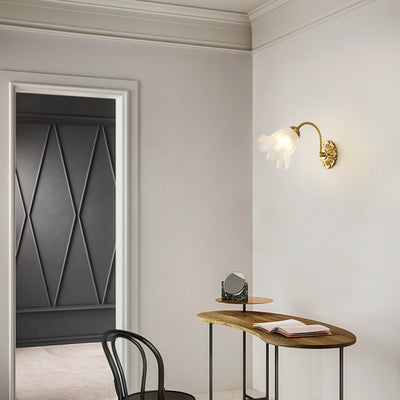 Traditional French Full Copper Flower Glass Shade 1-Light Wall Sconce Lamp For Bedroom