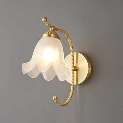 Traditional French Full Copper Flower Glass Shade 1-Light Wall Sconce Lamp For Bedroom