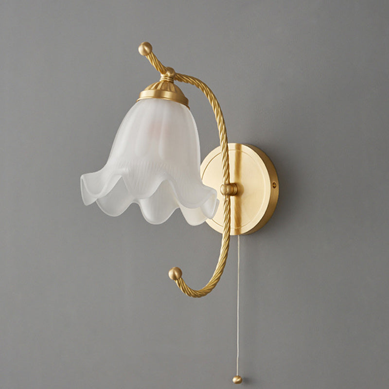 Traditional French Full Copper Flower Glass Shade 1-Light Wall Sconce Lamp For Bedroom