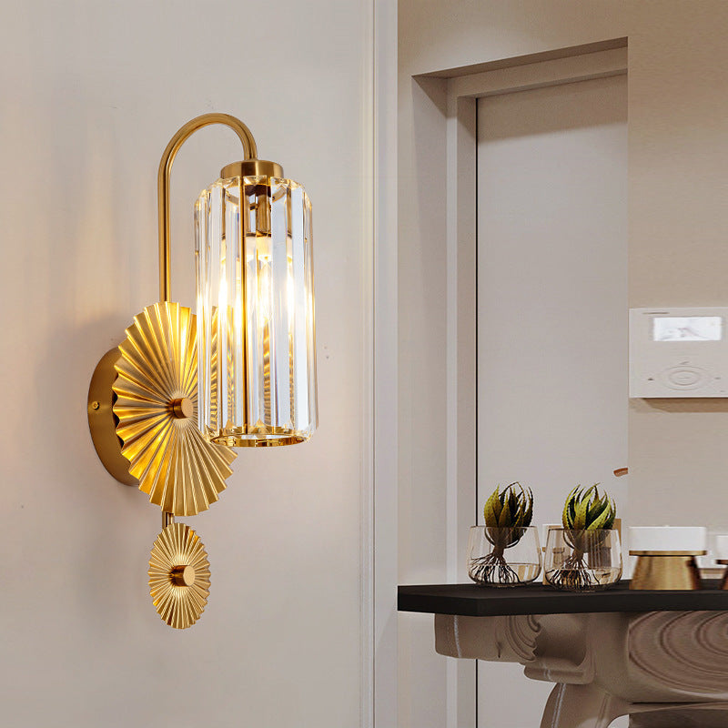 Traditional French Hardware Crystal Cylinder Shade 1-Light Wall Sconce Lamp For Bedroom