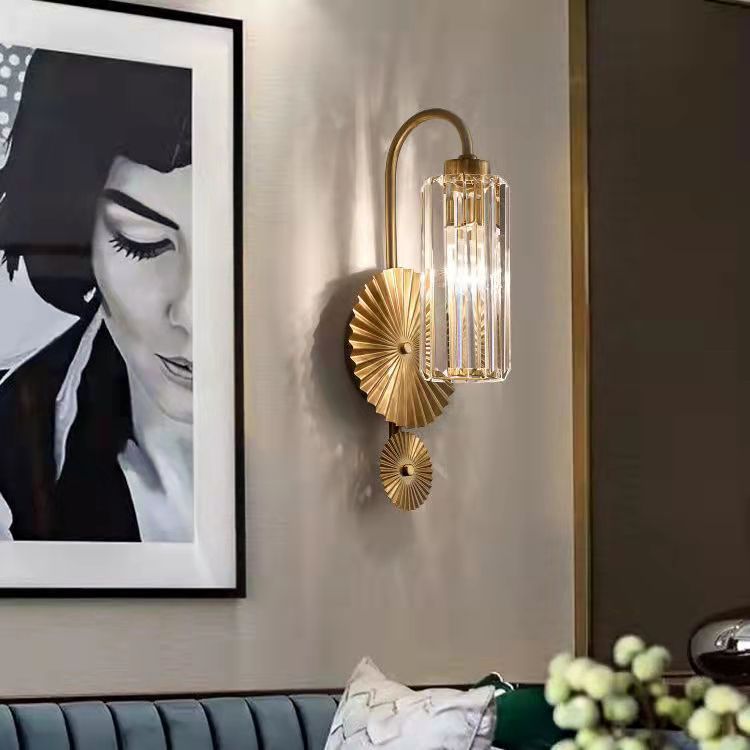 Traditional French Hardware Crystal Cylinder Shade 1-Light Wall Sconce Lamp For Bedroom