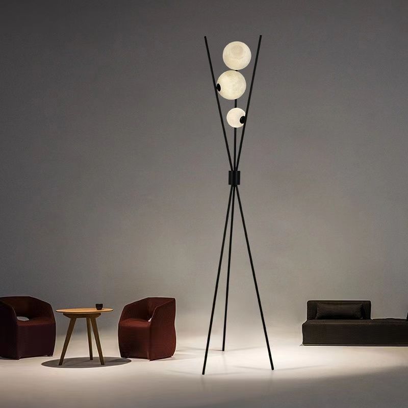 Contemporary Creative PLA 3D Moon Shade Iron Geometric Straight Line 3-Light Standing Floor Lamp For Living Room