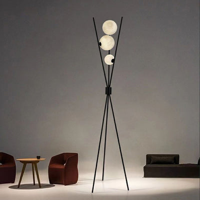 Contemporary Creative PLA 3D Moon Shade Iron Geometric Straight Line 3-Light Standing Floor Lamp For Living Room