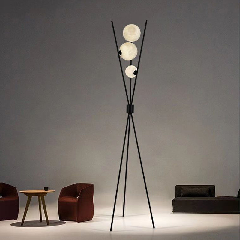 Contemporary Creative PLA 3D Moon Shade Iron Geometric Straight Line 3-Light Standing Floor Lamp For Living Room