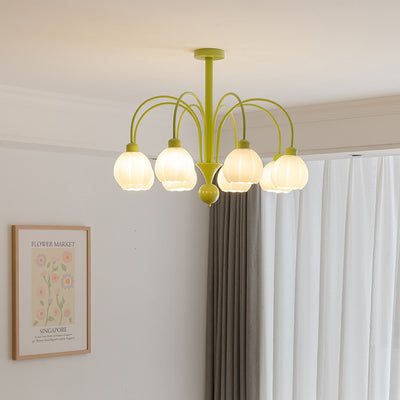 Traditional French Iron Frame Pumpkin Glass Shade 6/8-Light Chandelier For Living Room