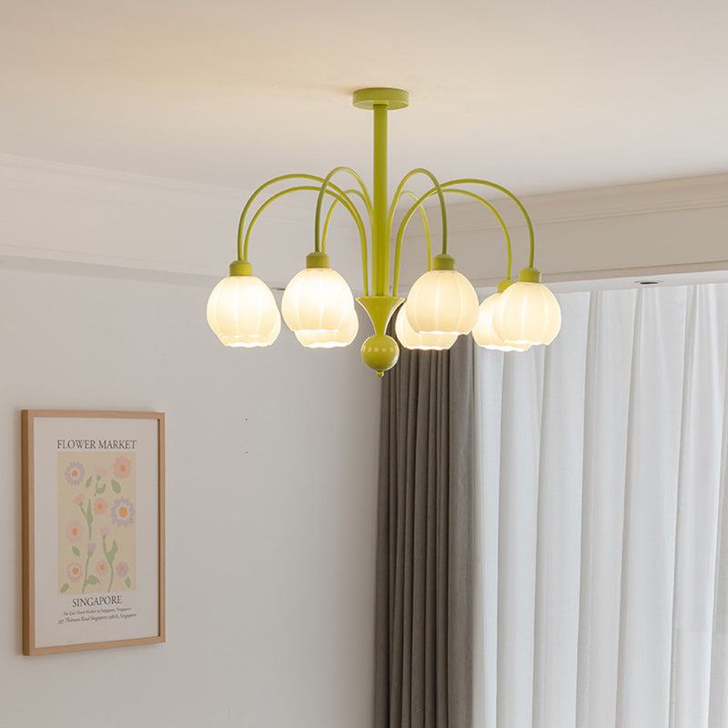 Traditional French Iron Frame Pumpkin Glass Shade 6/8-Light Chandelier For Living Room