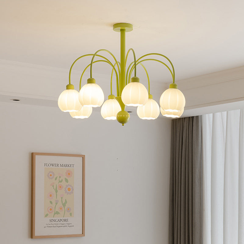 Traditional French Iron Frame Pumpkin Glass Shade 6/8-Light Chandelier For Living Room