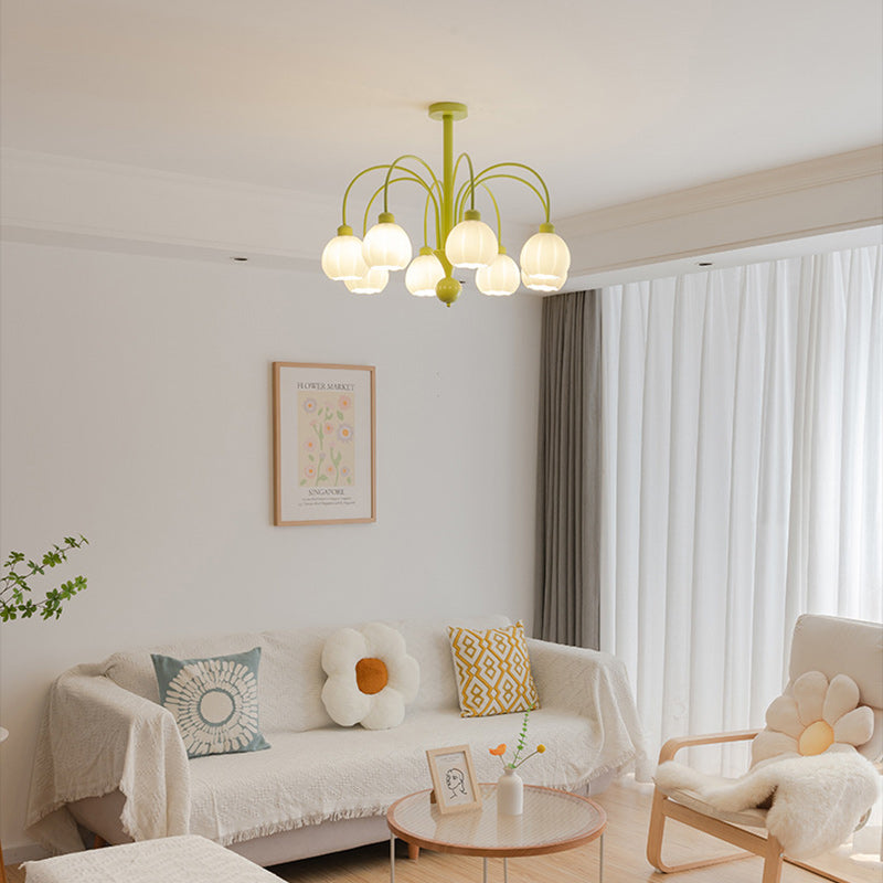 Traditional French Iron Frame Pumpkin Glass Shade 6/8-Light Chandelier For Living Room