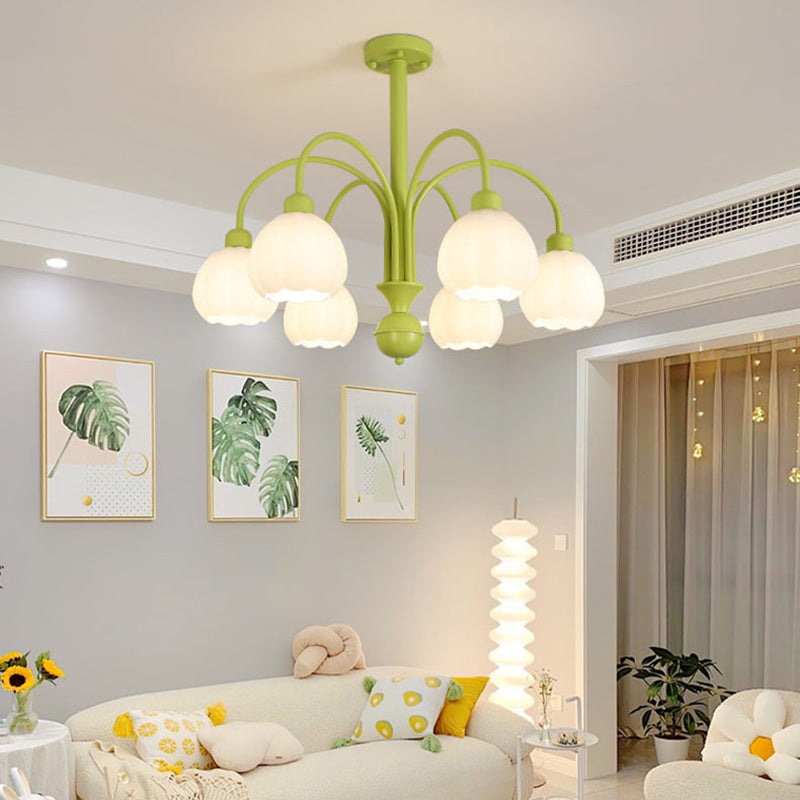Traditional French Iron Frame Pumpkin Glass Shade 6/8-Light Chandelier For Living Room