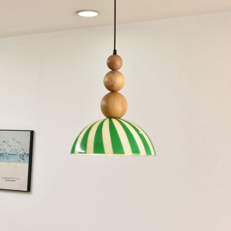 Traditional French Solid Wood Semi-Circular Stripe Glass Shade 1-Light Pendant Light For Living Room