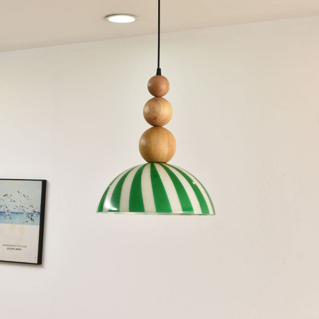Traditional French Solid Wood Semi-Circular Stripe Glass Shade 1-Light Pendant Light For Living Room