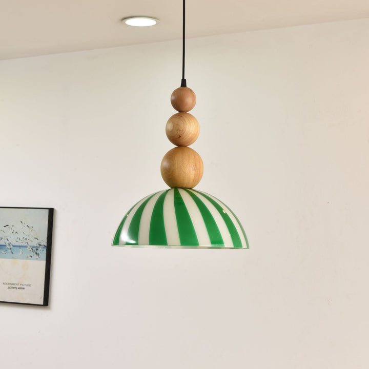 Traditional French Solid Wood Semi-Circular Stripe Glass Shade 1-Light Pendant Light For Living Room