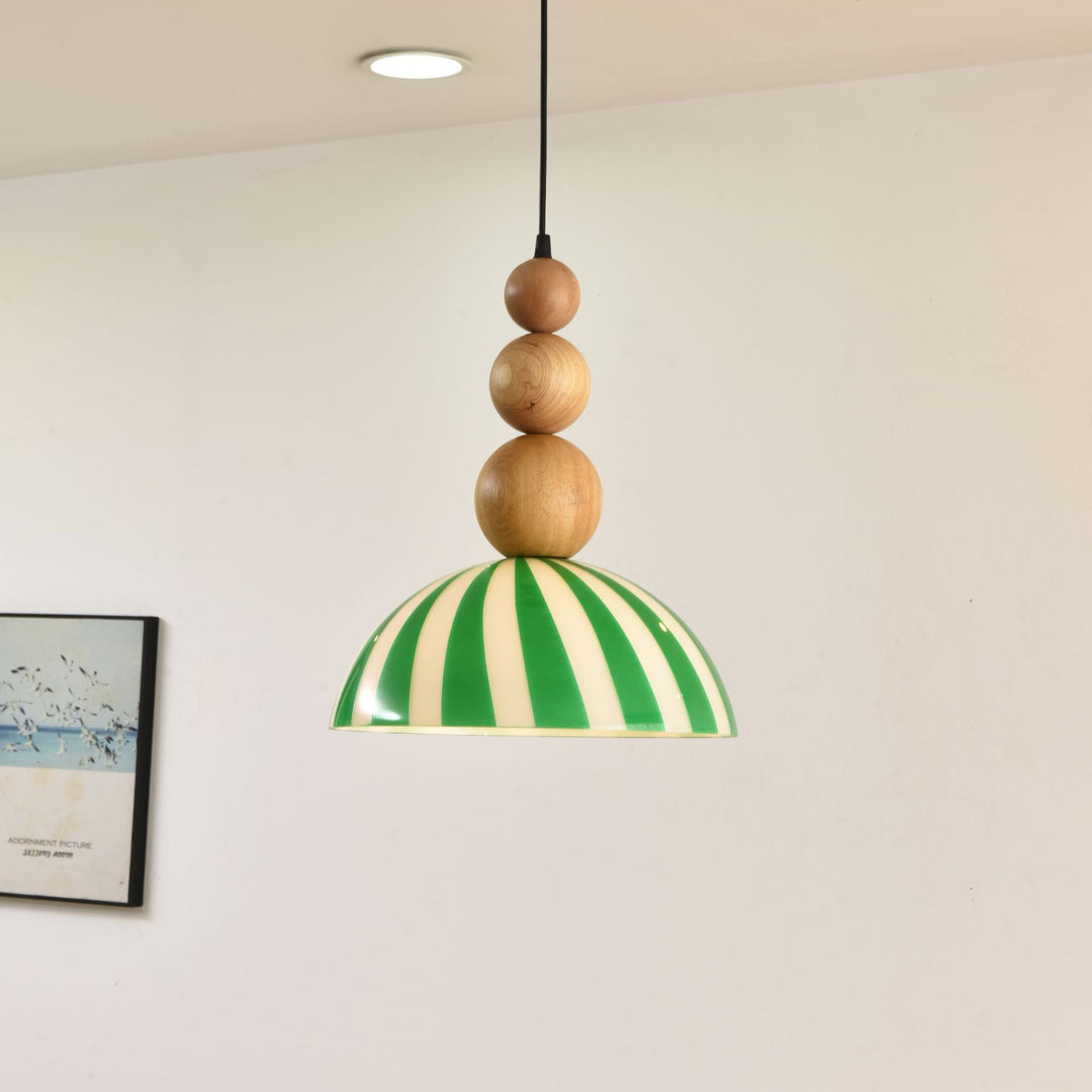 Traditional French Solid Wood Semi-Circular Stripe Glass Shade 1-Light Pendant Light For Living Room