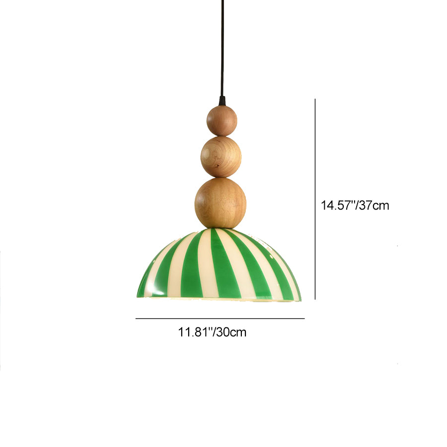 Traditional French Solid Wood Semi-Circular Stripe Glass Shade 1-Light Pendant Light For Living Room