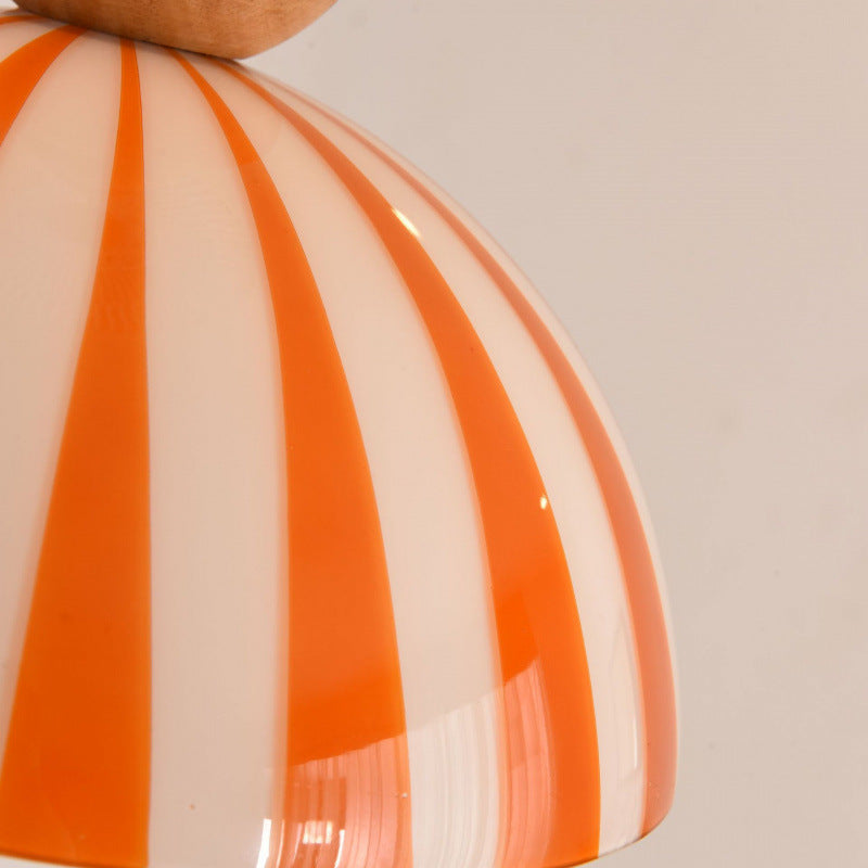 Traditional French Solid Wood Semi-Circular Stripe Glass Shade 1-Light Pendant Light For Living Room